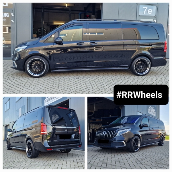 Wij hebben deze Mercedes V-Klasse V300D uitgerust met op maat gemaakte gesmede 20 inch 2-delige velgen van RR Wheels and Customs in 9J ET49 en 10J ET48 inclusief nieuwe Bridgestone Potenza Sport-banden in 255 40 20 en 275 35 20!