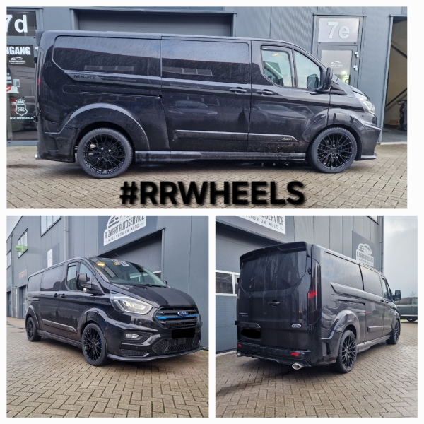 Ford Transit Custom met een Wide Body kit af fabriek voorzien van nieuwe Riviera RTZ wielen in 20 inch 8J 5x160 ET50 Gloss Black inclusief Vredestein banden in 255 40 20!