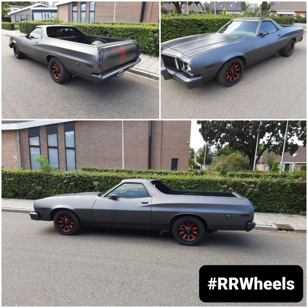 Ford Ranchero 500 voorzien van 18 inch Fuel Hardline Gloss Milled Red velgen in 9J ET1 inclusief Kumho Ecsta banden in 245 45 18 en 275 45 18.