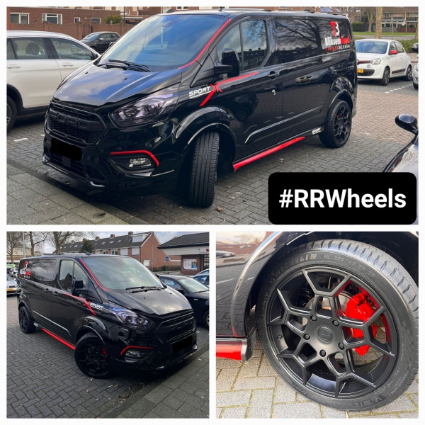 Gloednieuwe Ford Transit Custom voorzien van een nieuw model van Riviera Wheels in 20 inch Riviera RTR 5x160 8J ET50 Satin black inclusief Michelin Sport 5 Acoustic XL banden in 255 40 20!