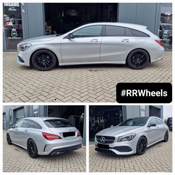 Mercedes CLA voorzien van 18 inch 5x112 7.5J ET40 inclusief 15mm spacers achter van Japan Racing velgen, model JR28 Gloss Black! Inclusief Vredestein banden. op 225 40 18.