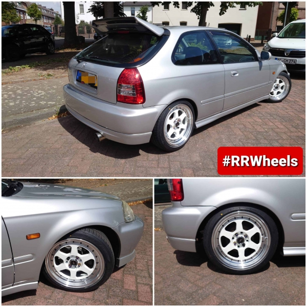 Honda Civic EK voorzien van 16 inch JF Luxury velgen. 16 inch 4x100/114,3 7.5J ET35 rondom met 195 45 16 banden.