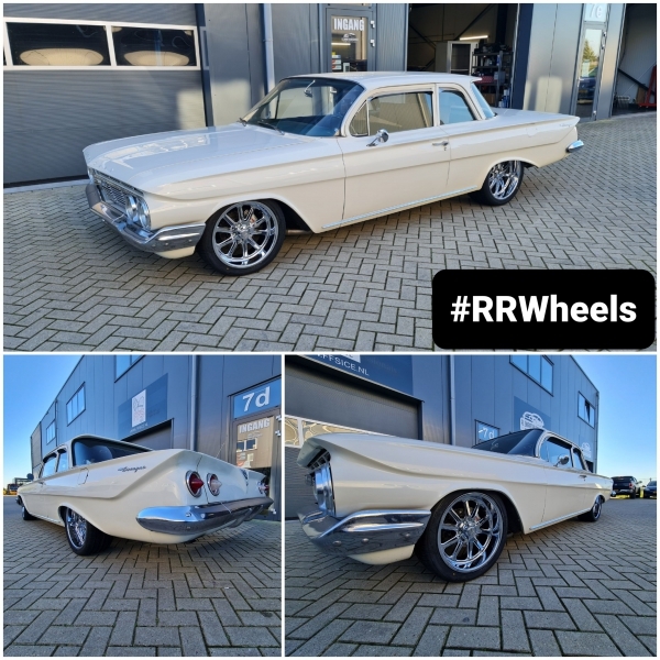 Chevrolet Biscayne 1961 met US Mag Wheels in 18 inch 8J vooraan en 9.5J 20 inch achteraan! Inclusief Flaken Azenis FK10 245 40 18 en 285 35 20!