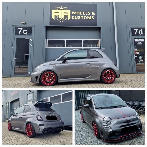 Fiat 500 Abarth hebben we rondom voorzien van nieuwe Gloss Red 17 inch AVID Series wheels in 4x100 7.5J ET35.