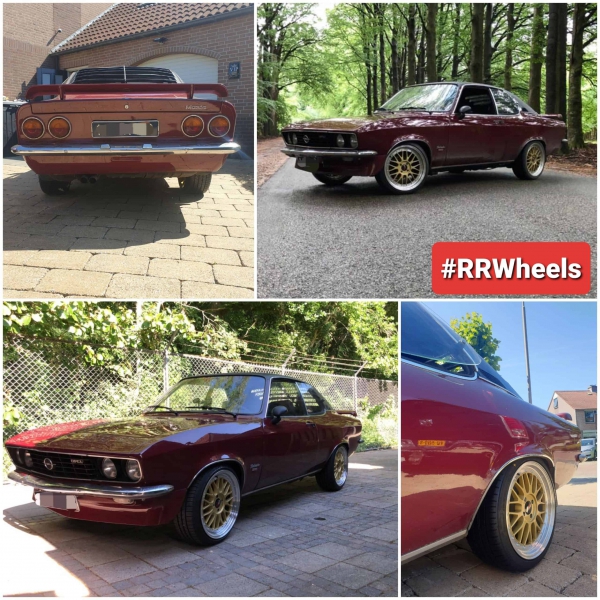 Opel Manta uit 1972 de perfecte fitment gegeven! 17 inch JR23 8J ET20 met nieuwe Falken Ziex banden in 195 40 17 en 215 40 17.