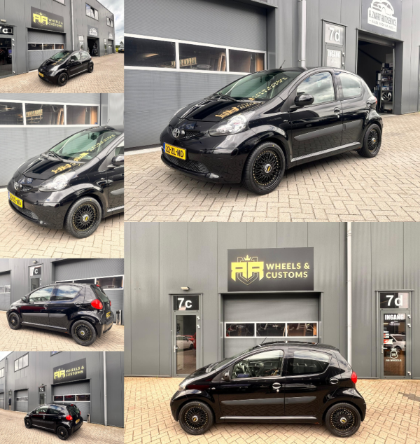 We hebben deze Toyota Aygo uitgerust met nieuwe JF Luxury Full Black Gold Rivets velgen. In 16inch in 4x100 7.5J ET30 Banden: Falken 195/40/16