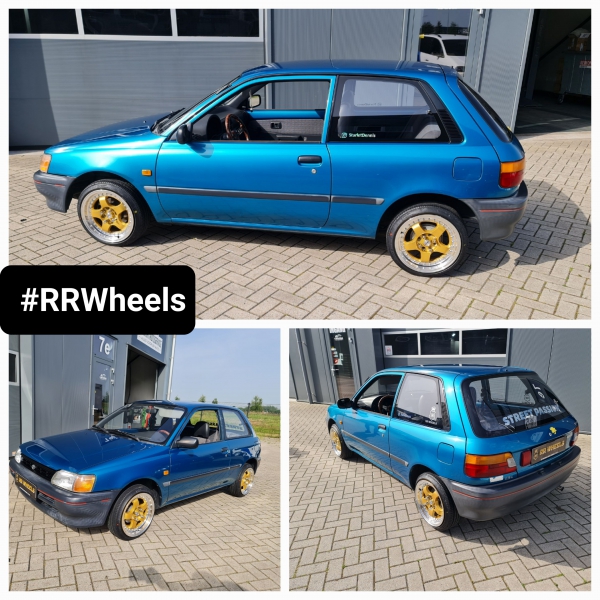  Ook deze oude Starlet met nieuwe schoenen! Een Toyota Starlet met 15 inch HCW Racing F15 Gold Machined Lip wielen inclusief Nankang banden in 165 45 15!